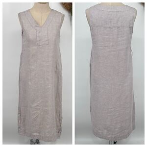Tahari 100%‎ Luxe Linen V-Neck Sleeveless Shift Dress Minimalist Pockets Neutral